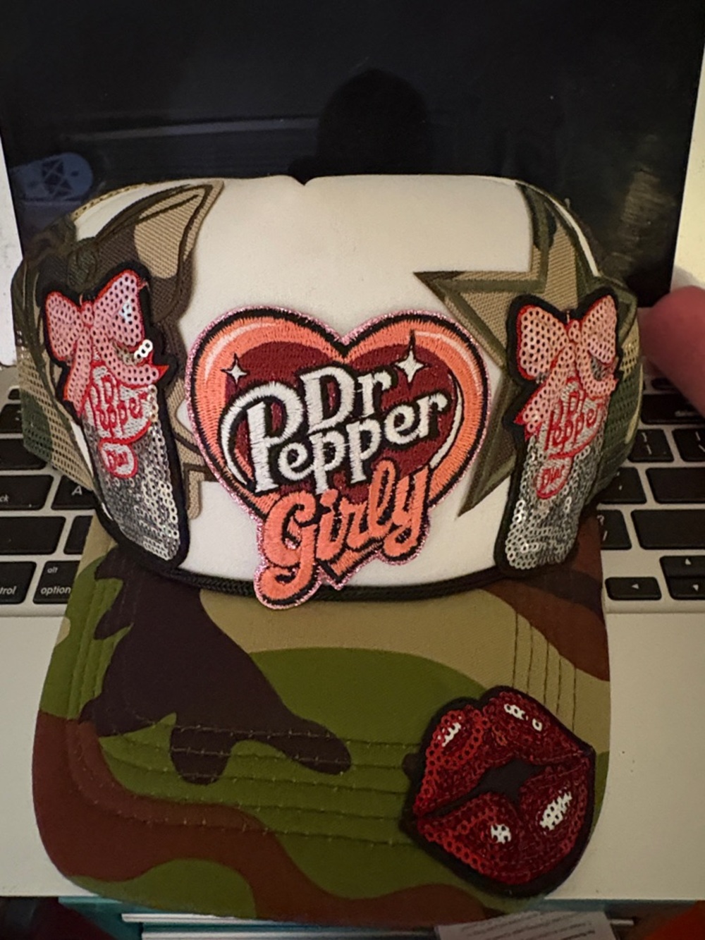 Hand Crafted Dr Pepper Girly Pink White Camo Trucker Hat